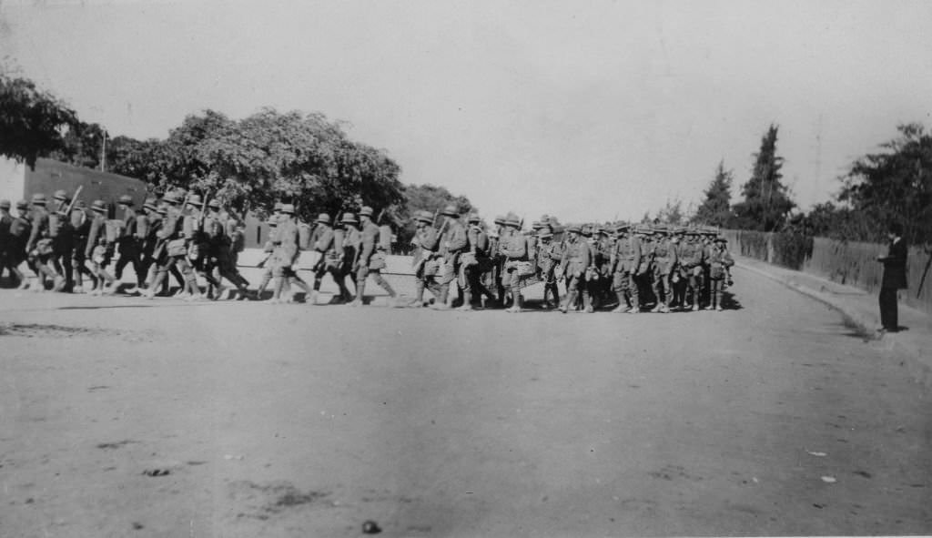 Canterbury Infantry Regiment marching to the station to entrain for the front