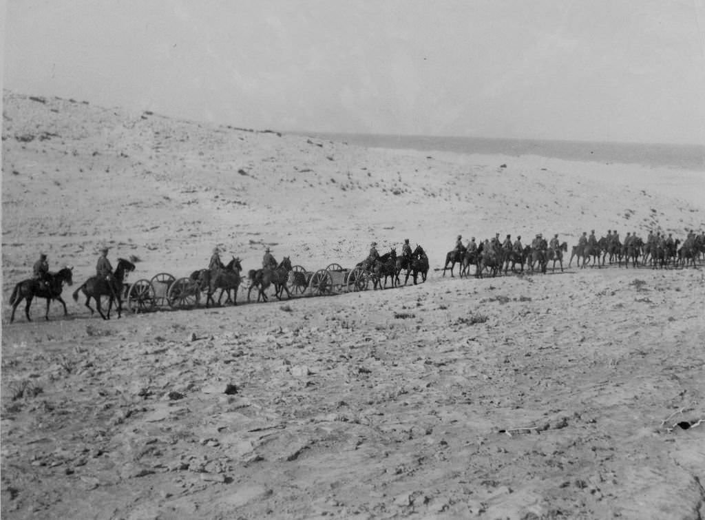 Yeomanry crossing the desert to attack the tribesmen under Nuri Bey