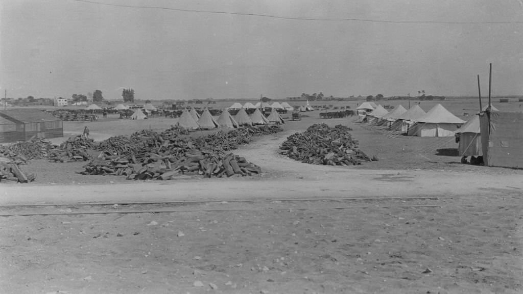 General view of the Australian camp near the Pyramids. Note the electric tranway camp extension on the sand for food and equiptment transport.
