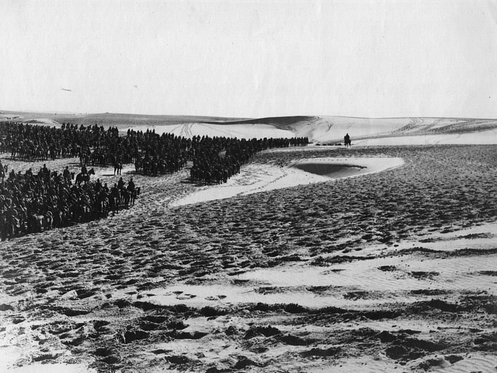 Soldiers mounted on horseback in the desert during World War One, in Egypt, 1916.