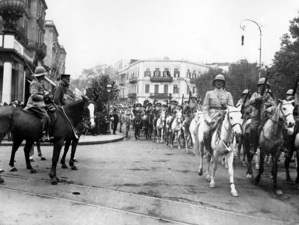 The Westminster Dragoons march through Cairo.