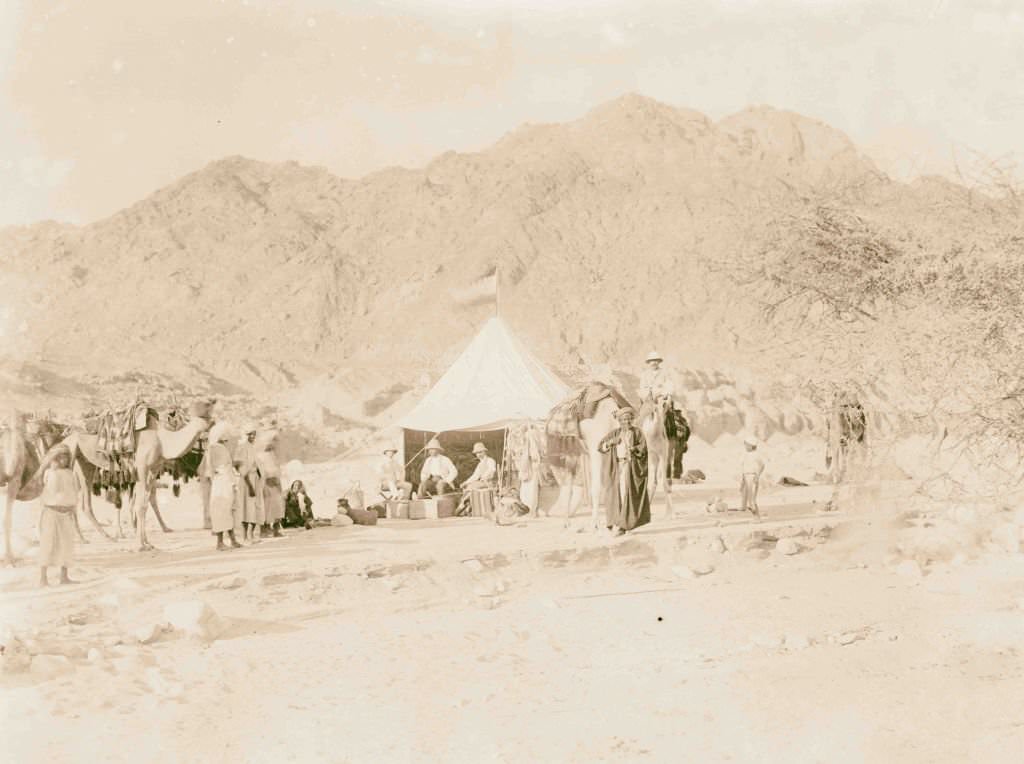 Expedition camp in the Sinai; Lewis Larsson seated at left in front of tent with others, 1910s