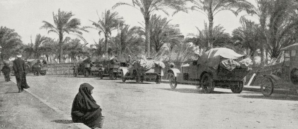 Convoy of British lorries, Egypt, 1917
