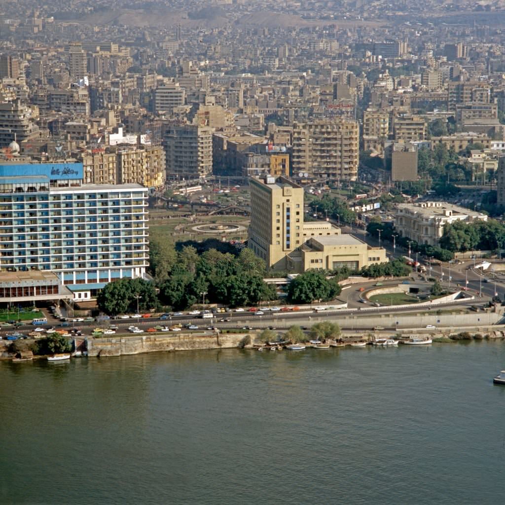 View from Cairo Tower to the Nile Hilton (left) and Midan al Tahrir square, Egypt, late 1970s.