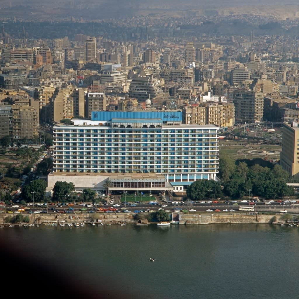 View from Cairo Tower to the Nile Hilton and Midan al Tahrir square (right), Egypt, late 1970s.