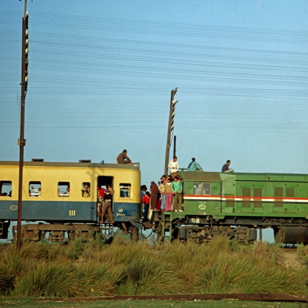 Public transport on a train near Cairo, Egypt, late 1970s.