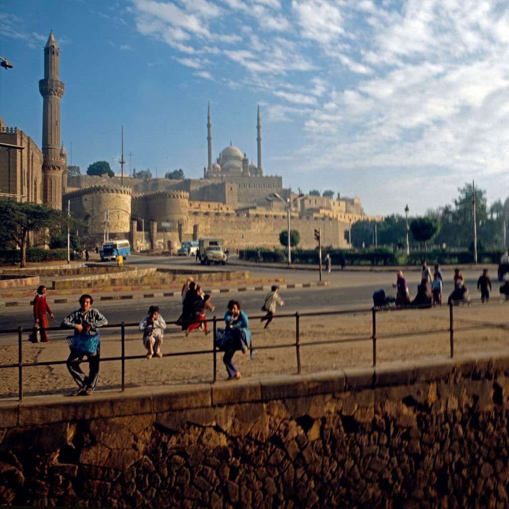 View to the citadel with Muhammad Ali mosque at Cairo, Egypt, late 1970s.