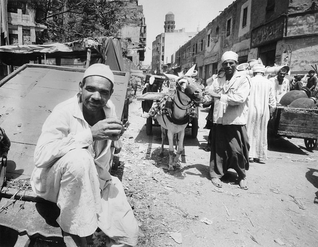 Marketeer with donkey cart in Cairo, 1970s