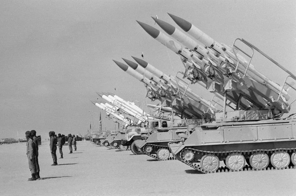 Multiple rocket launchers during the military parade in commemoration of the Yom Kippur War, Cairo, 1978