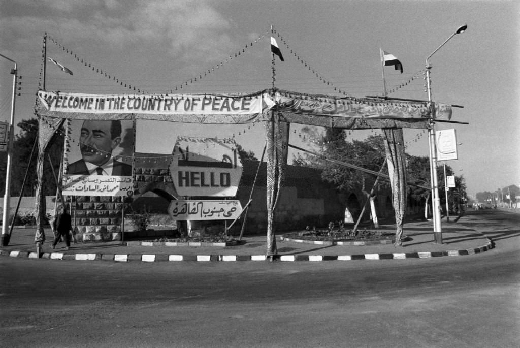 Anwar al-Sadat on an avenue ahead of the Israeli-Egyptian negotiations on December 17, 1977