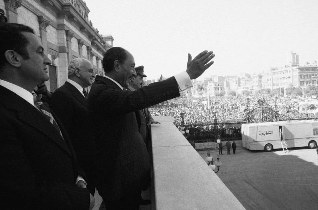 Speech by Egyptian President Anwar al-Sadat to Cairo residents with Egyptian Vice President Hosni Mubarak in the foreground on December 8, 1977 in Cairo
