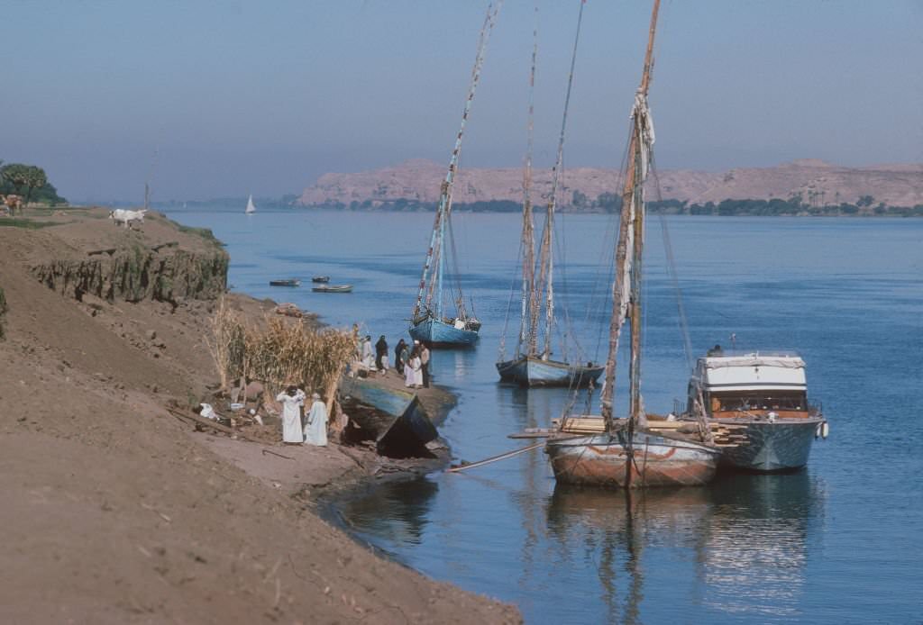 Felucca sail boats on the Nile river, 1977..
