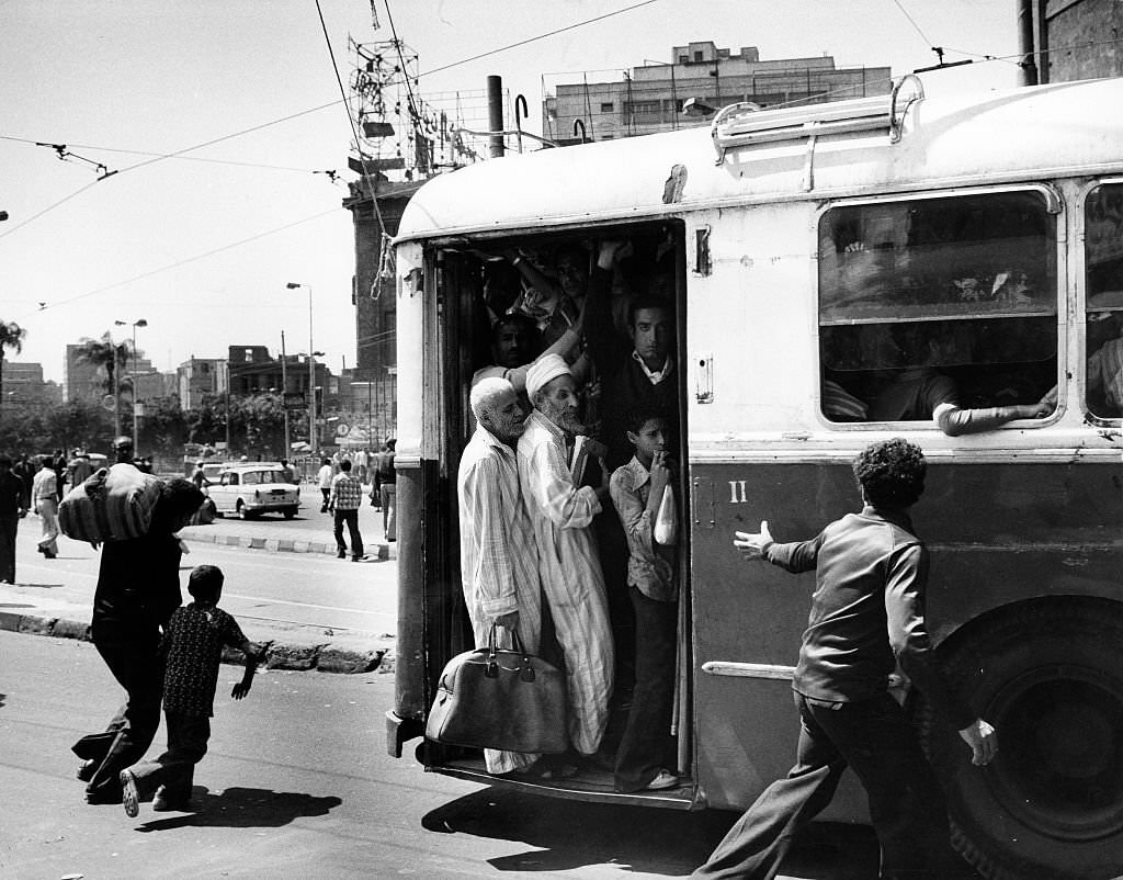 Overcrowded bus in Cairo, 1979