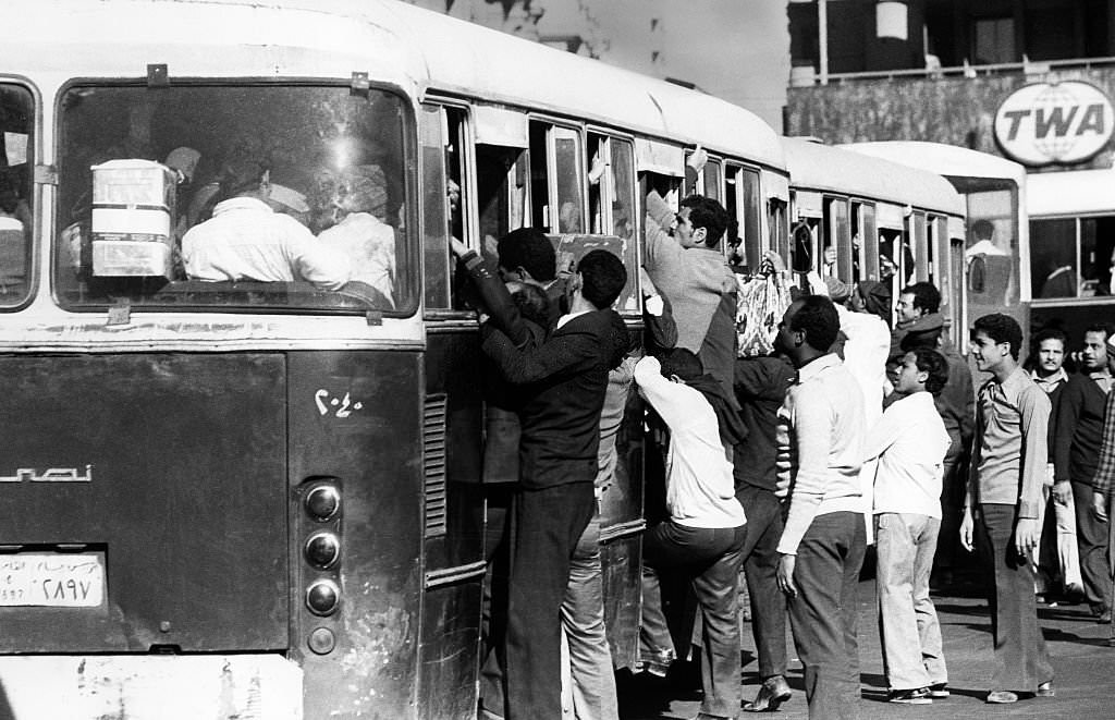 Overcrowded buses in Cairo, 1979