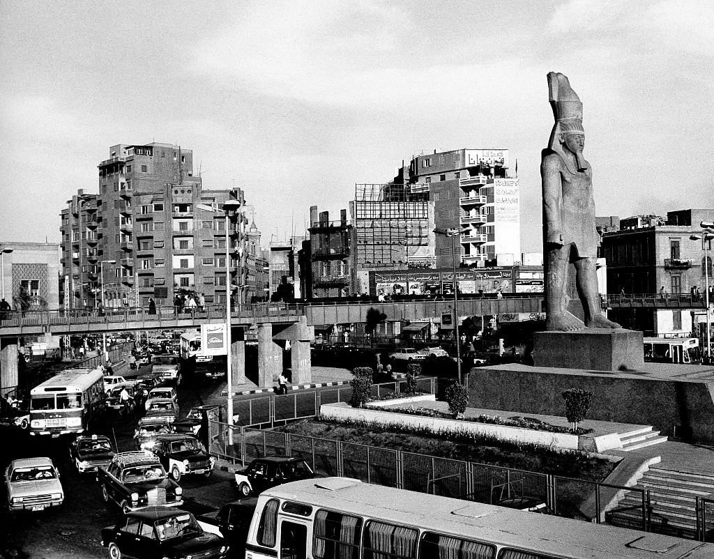 Heavy traffic at ramses square in Cairo, 1976.