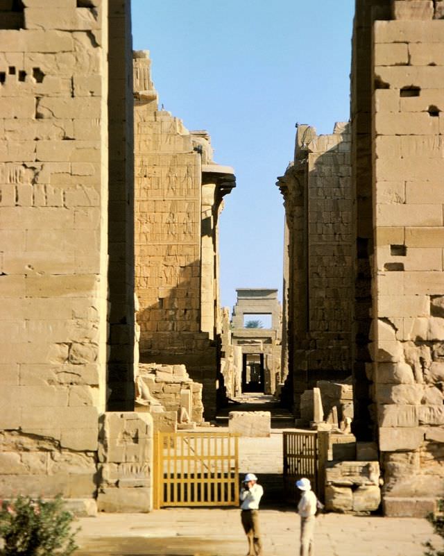 Entrance to Karnak Temple complex, hieroglyphics all over massive structures, Luxor, Egypt