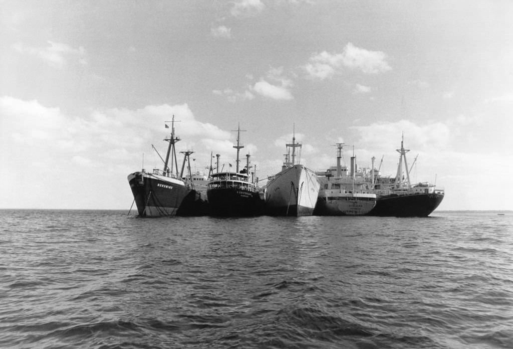 Cargo ships stranded in the Suez Canal in 1974