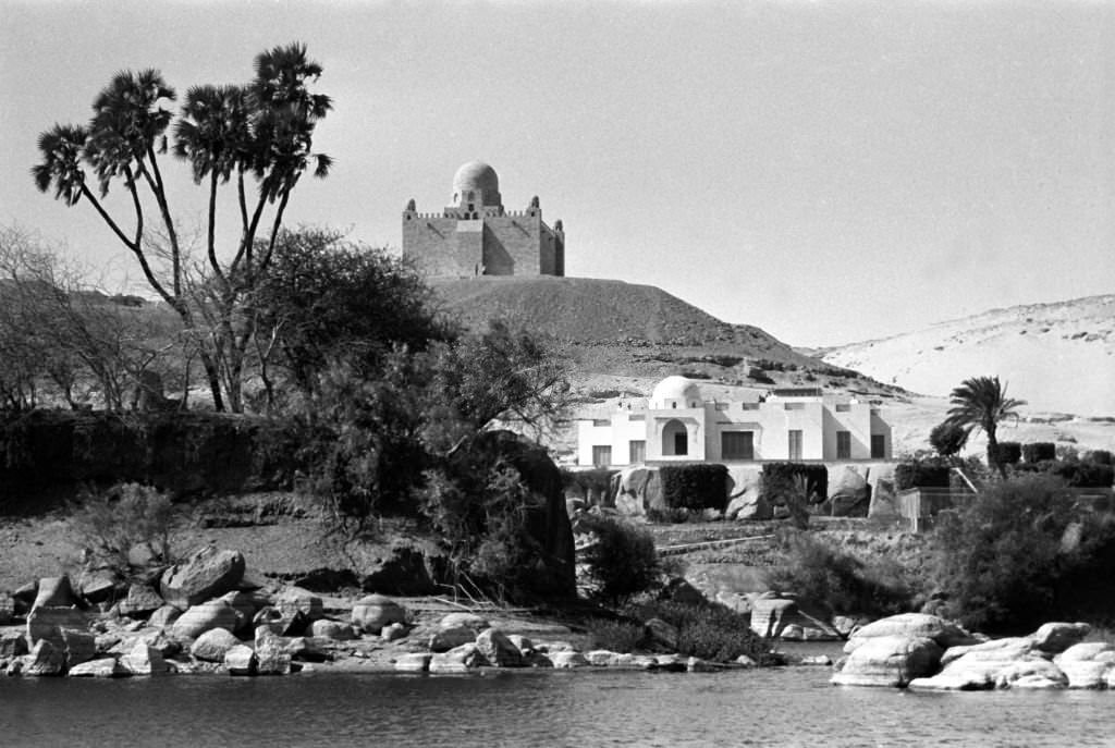 View over the Nile near Aswan (Egypt) with the mausoleum of the Aga Khan on a mountain on the west bank, 1972