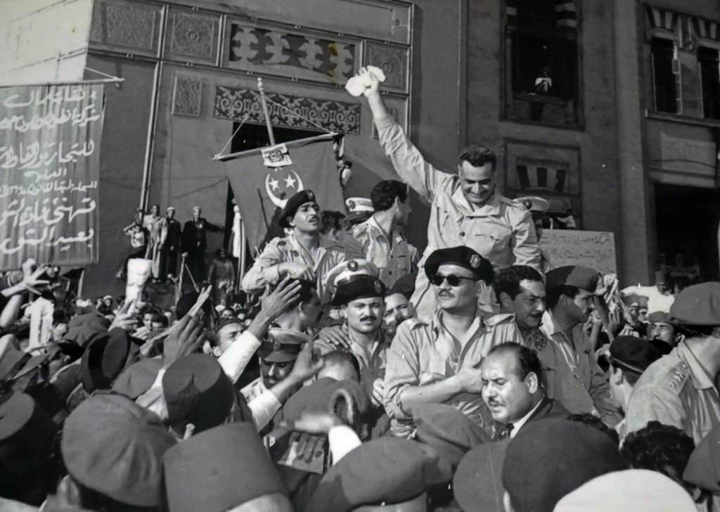 Gamal Abdel Nasser and members of the RCC. welcomed by cheering crowds in Alexandria 1954.