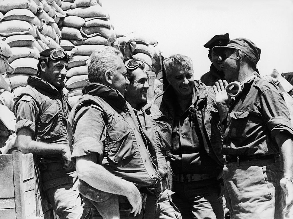 Haim Bar-Lev, David Elazar, Ariel Sharon and Moshe Dayan in Egypt 1970