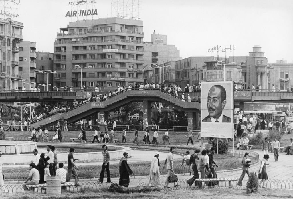 A square in downtown Cairo with a poster of President Anouar el-Sadat, 1970