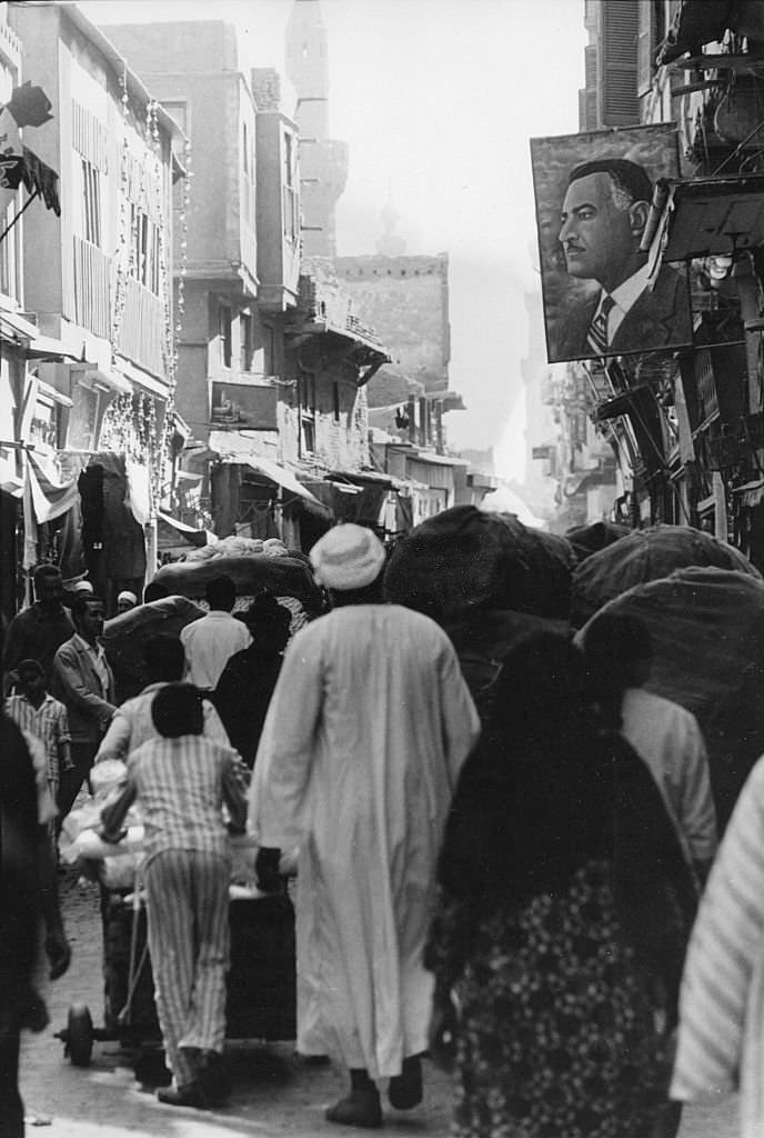 View of pedestrians on a crowded street, Cairo, Egypt, 1970.