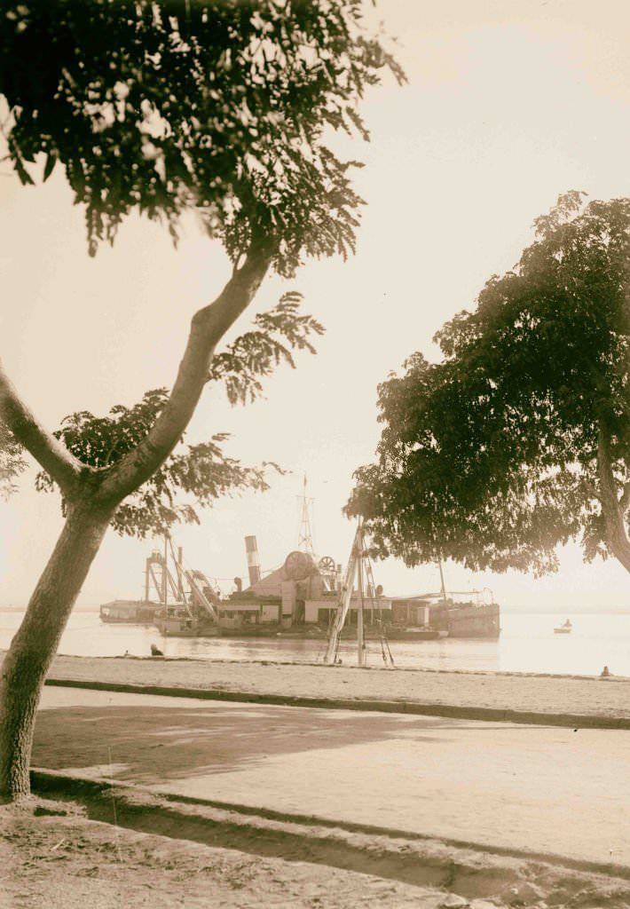 Suez Canal dredger at work, Egypt, 1900.