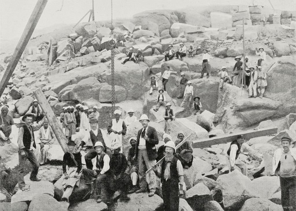 Italian workers in granite quarries during the construction of the Aswan Dam, Egypt, 1902