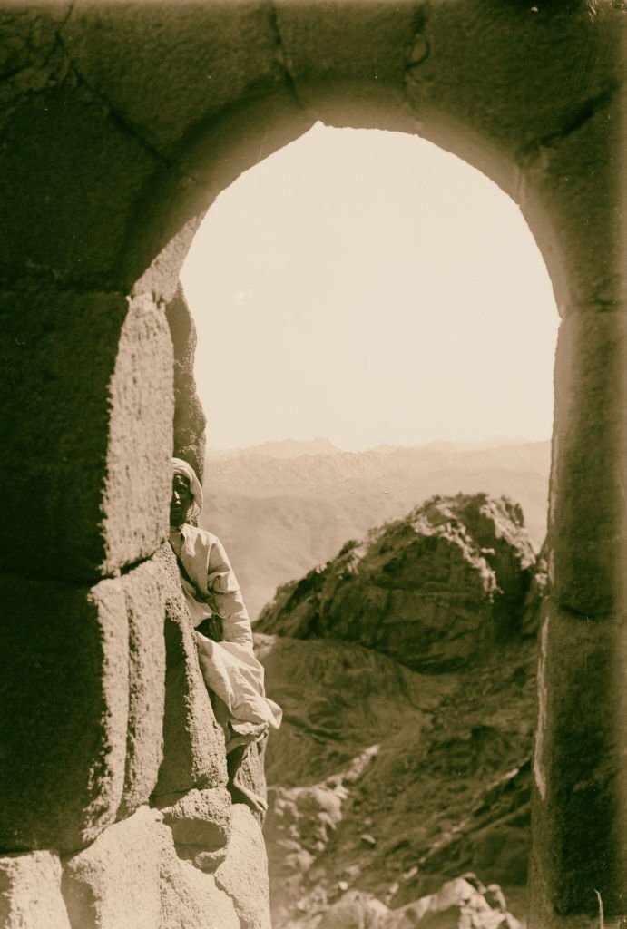 View of the mountains from the gate in Sinai, Egypt, 1900.