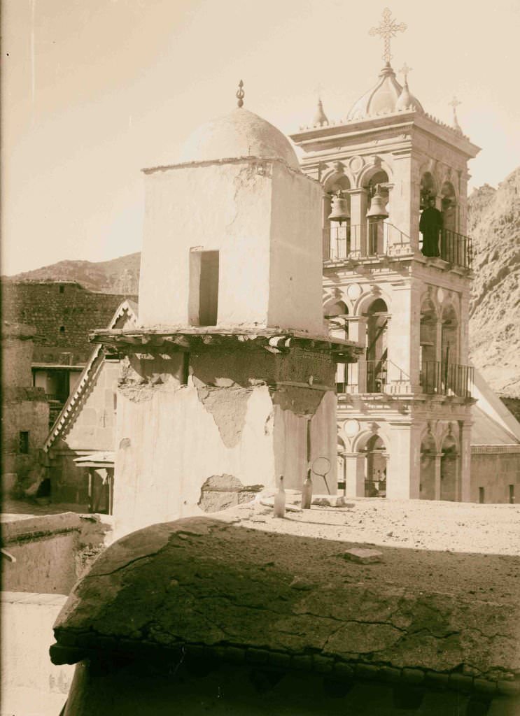 The Crescent and the Cross; belfry and minaret [Monastery of St. Catherine] in Sinai, Egypt, 1900