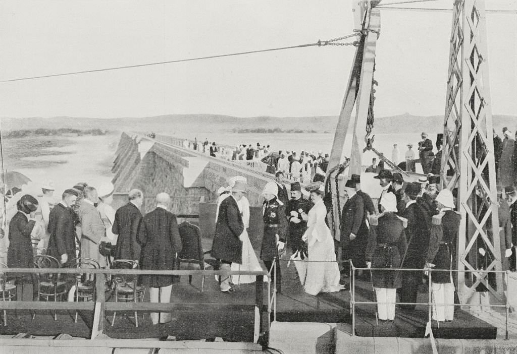 Laying the last stone of the Aswan water reservoir, Lord Cromer receiving the Khedive Abbas Hilmi II and the Duke of Connaught, Egypt, 1903