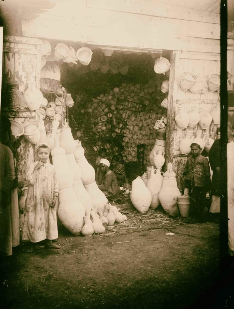 Native store of the famous pottery jars, Egypt, 1900