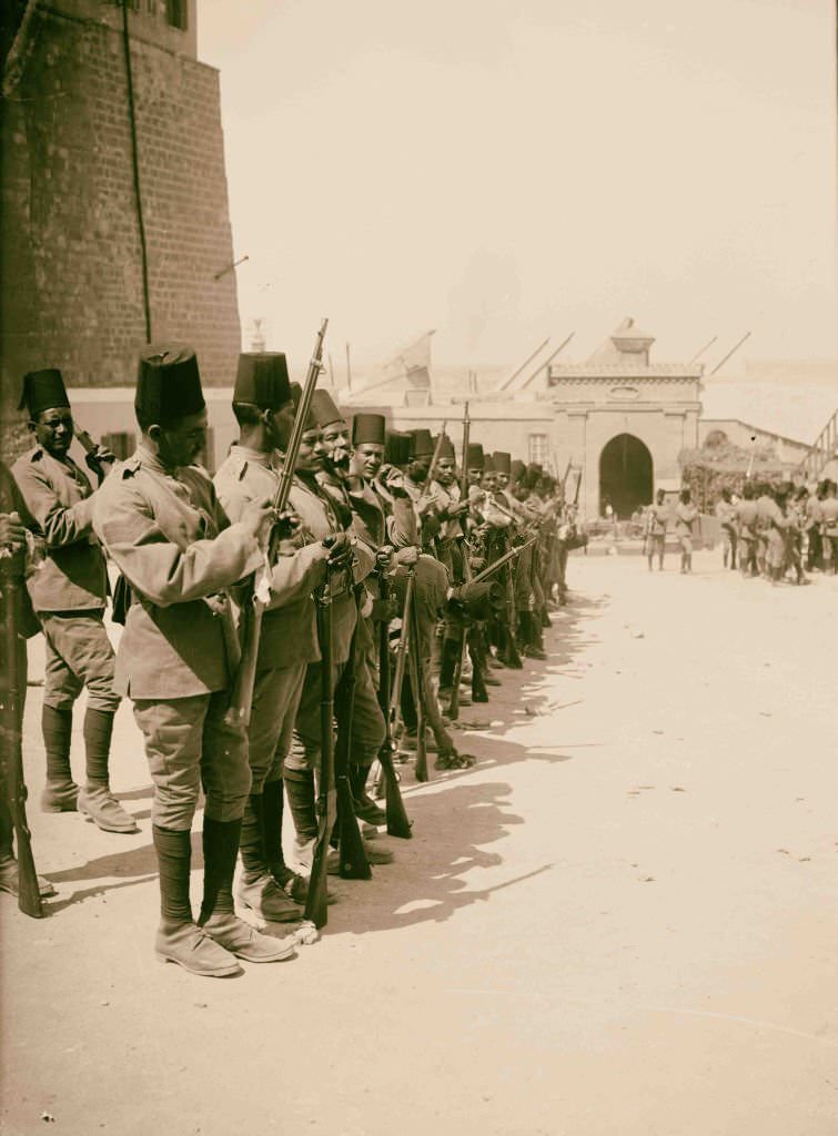 Egyptian soldiers in the citadel, Cairo, 1900