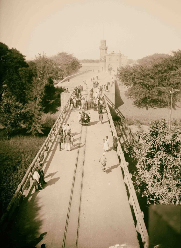 General view of the barrage looking E. along the top, Egypt, 1900s.