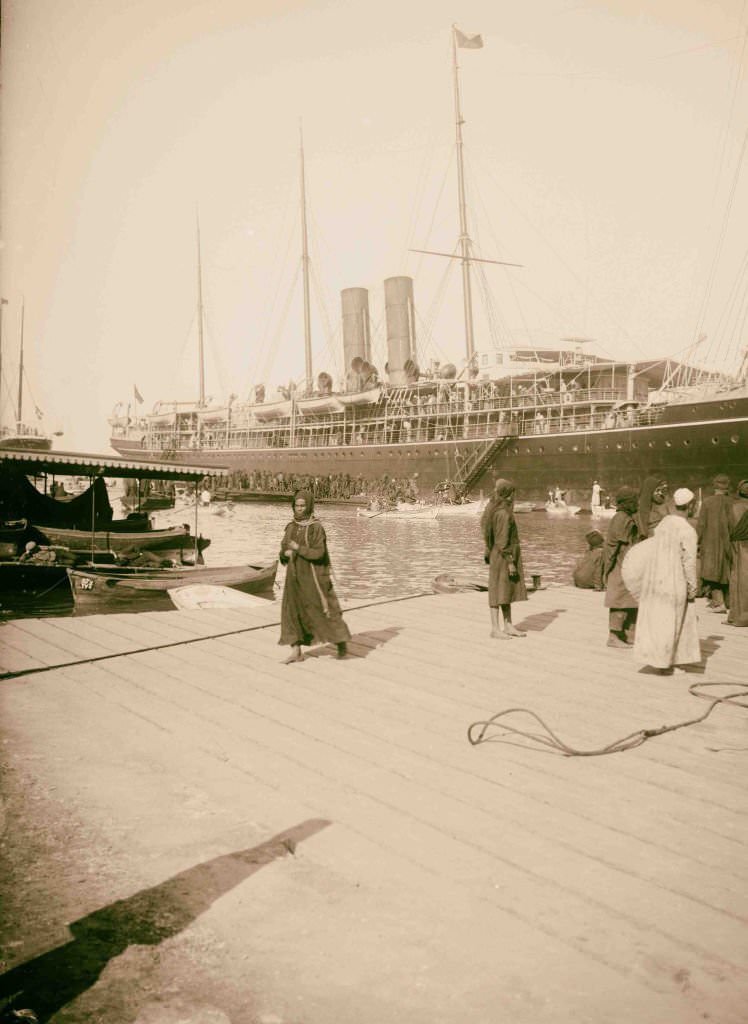 Arrival of steamer at Port Said, Egypt, 1900s.