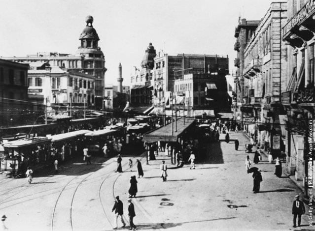 The tram station in Midan El-Ataba El-Khadra, or Ataba Square in Cairo, Egypt, March 1919.