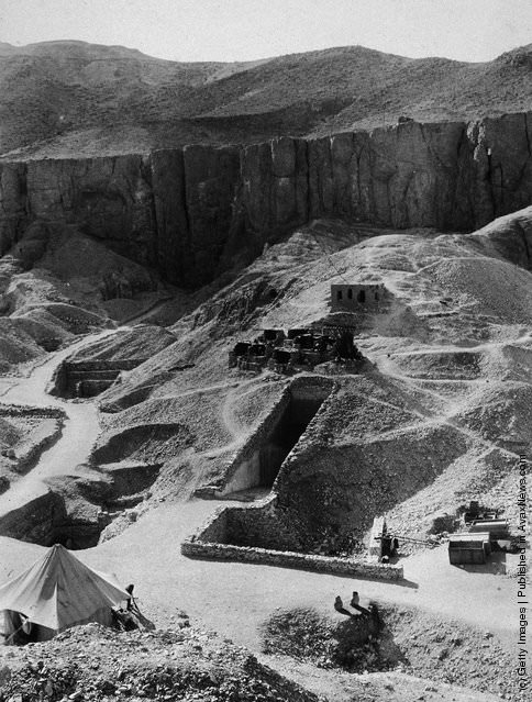 Aerial view of Howard Carter's archaeological excavations of the tombs of the Pharoahs Ramesses VI and Tutankhamen