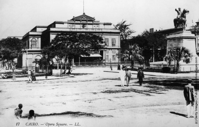 Opera Square or Midan Opera in Cairo, with the opera house in the background and on the right, an equestrian statue of Ibrahim Pasha by Charles Cordier.