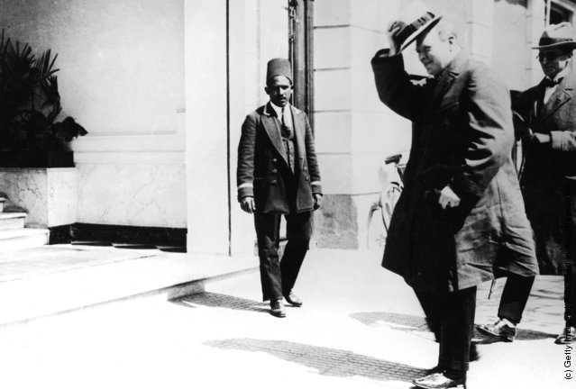 British Colonial Secretary Winston Churchill (1874 – 1965) in Cairo for the 1921 Cairo conference, at which he helped establish the borders of the modern Middle East.