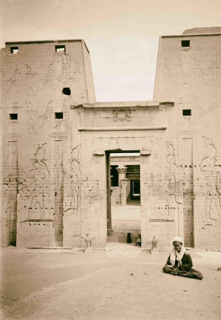 Temple of Horus, Edfu. Entrance to temple 1900, Egypt,