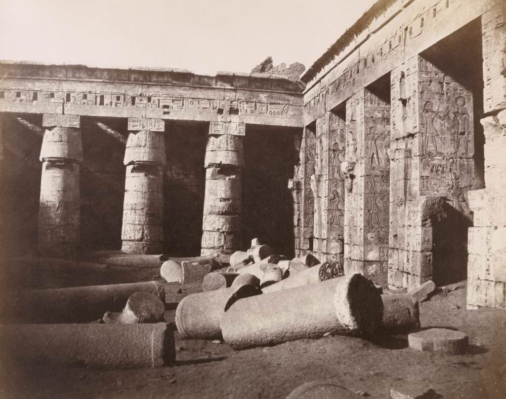 Inner view of the East side of the Second Court at the Palace of Rhamses Meiamoun, 1900s