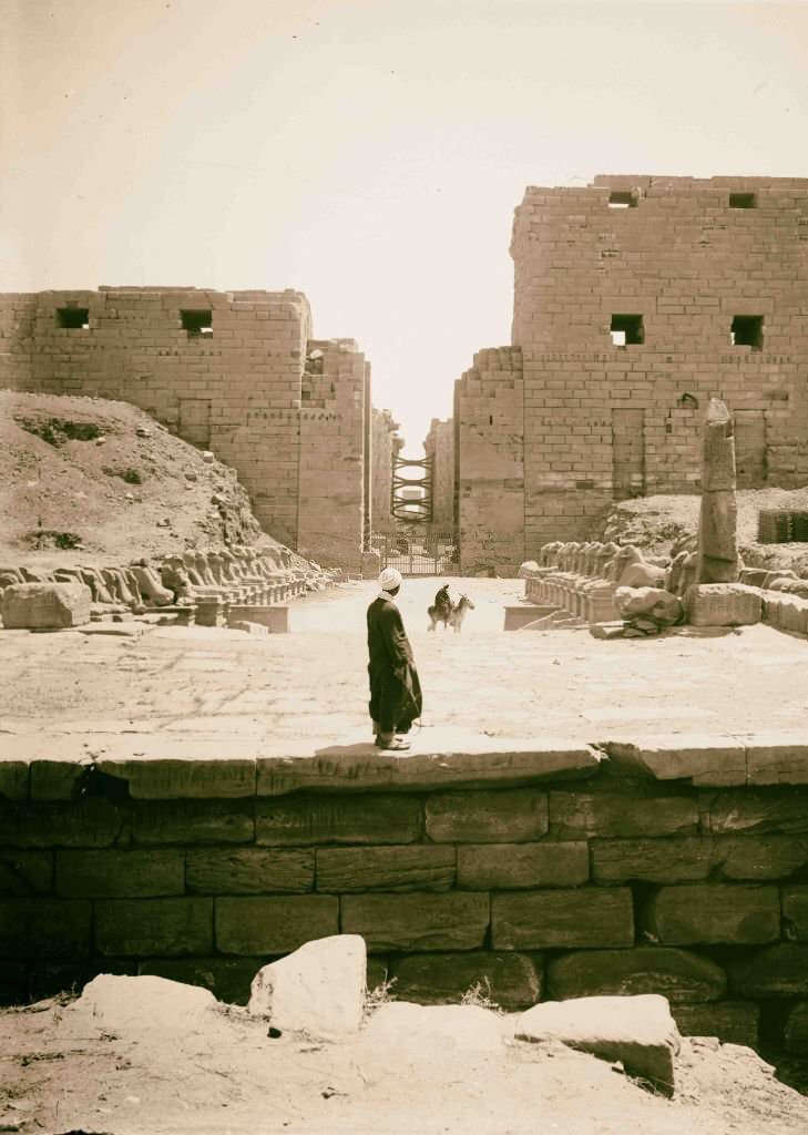 Avenue of sphinxes in front of 1st pylon, Karnak, Egypt, 1900