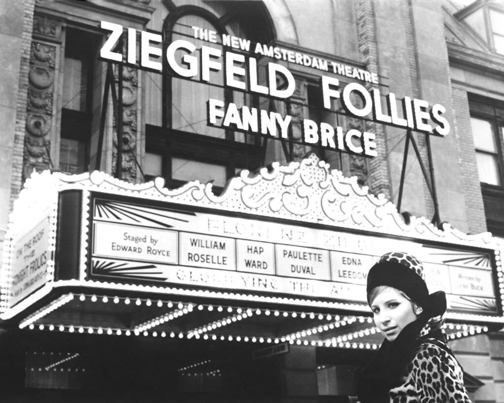 Barbra Streisand outside the New Amsterdam Theatre in New York, home of the Ziegfeld Follies, 1968.