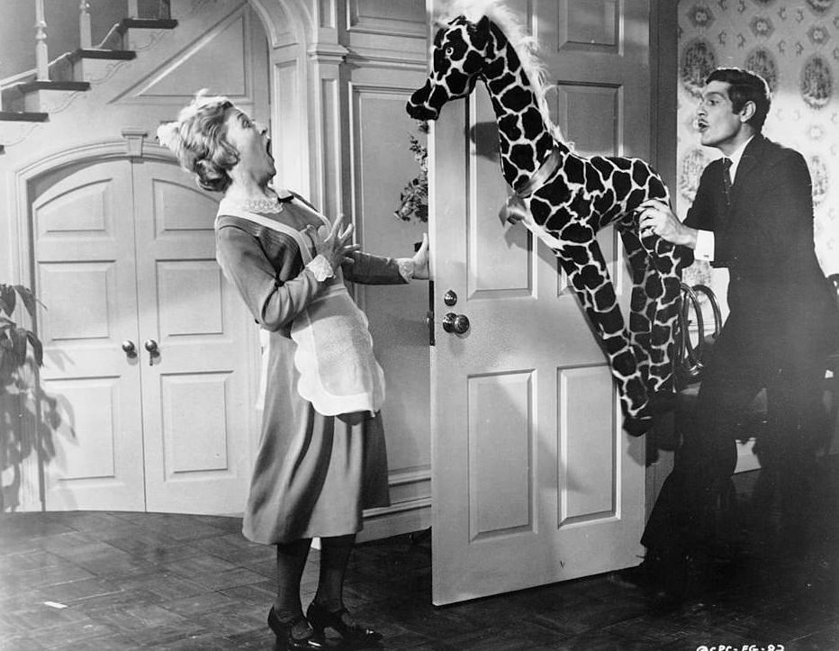 Omar Sharif scares maid with stuffed animal in a scene from the film 'Funny Girl', 1968.