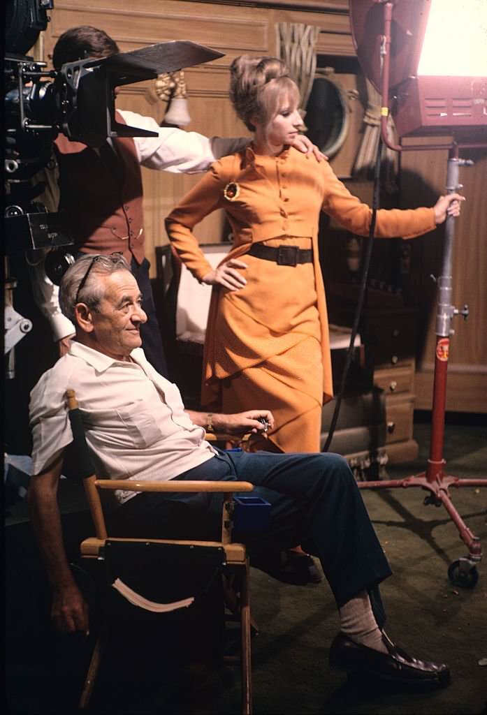 Barbra Streisand and William Wyler during the filming of 'Funny Girl', 1968.