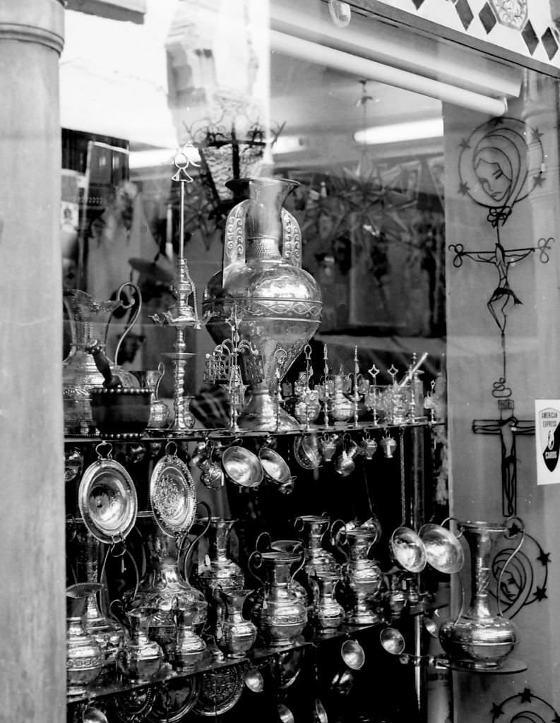 Souvenir shop in "La Alcaiceria" neighborhood , Granada, Spain, 1966.
