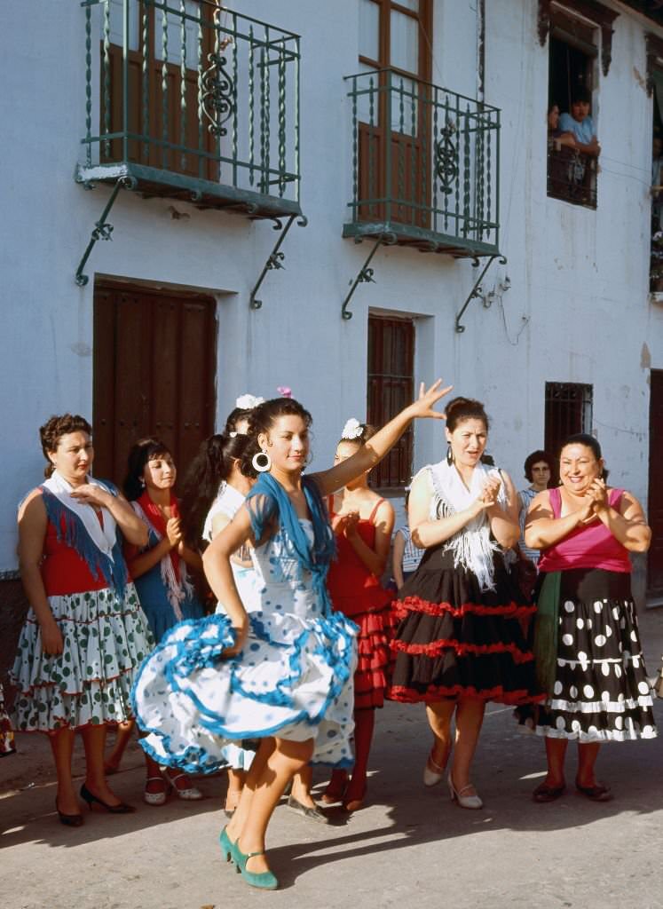 Gipsy dancing flamenco in the neighborhood of “Sacromonte”, Granada, Andalusia, Spain, 1968.