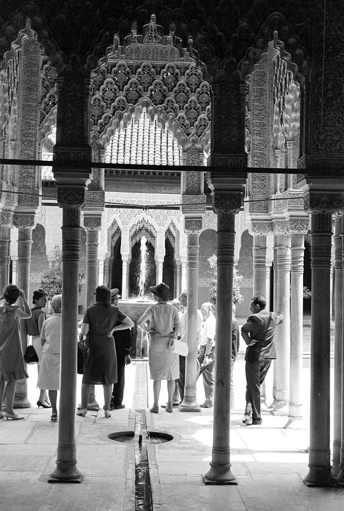 The 'Courtyard of the Lions' of the Alhambra, 1966, Granada, Andalusia, Spain.