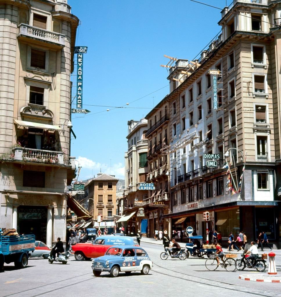 “Puerta Real” and street of “Los Reyes Catolicos”, Granada, Andalusia, Spain, 1968.