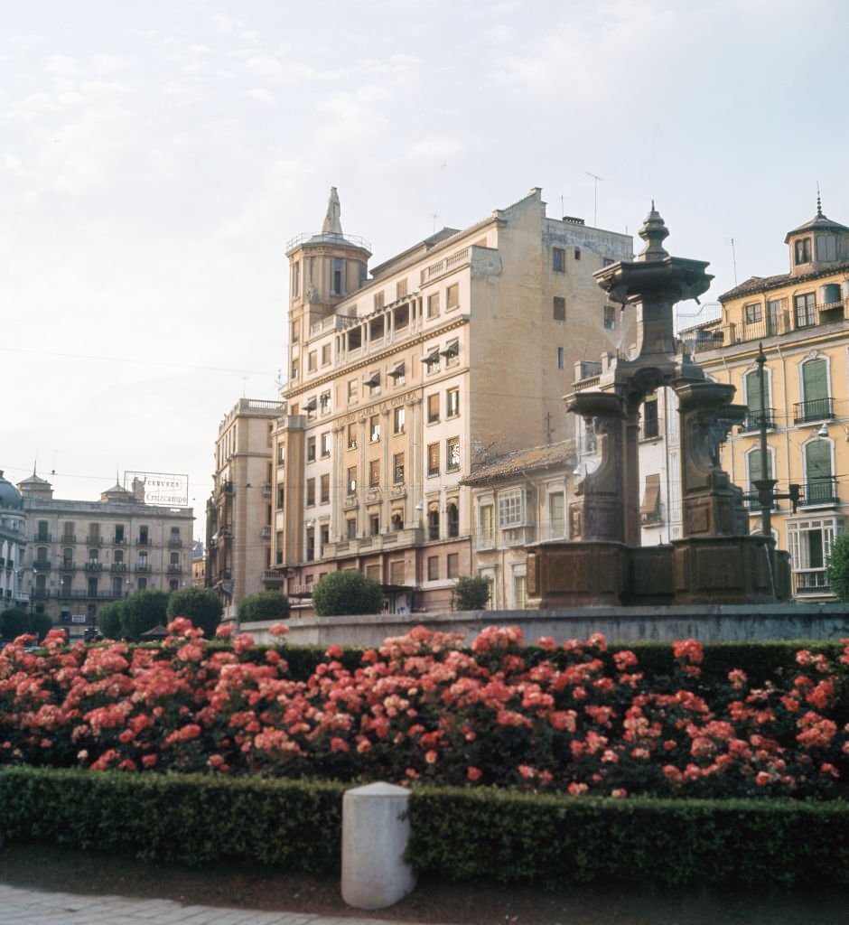 "Fuente de las Batallas" in the Puerta Real, 1964, Granada, Andalusia, Spain.